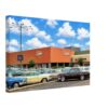 1960s Dayton's department store at Southdale Center in Edina, Minnesota, with classic American cars parked outside, reimagined in a painterly style from a genuine vintage color photograph.