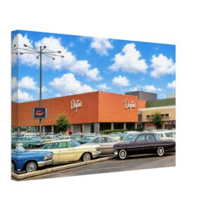 1960s Dayton's department store at Southdale Center in Edina, Minnesota, with classic American cars parked outside, reimagined in a painterly style from a genuine vintage color photograph.
