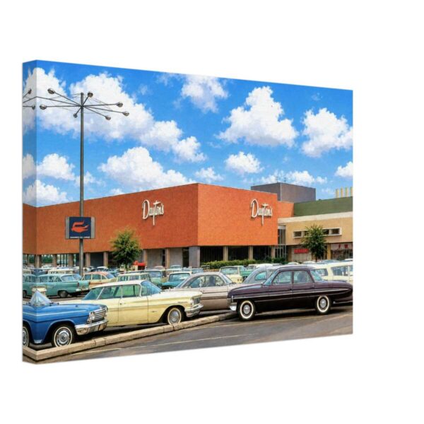 1960s Dayton's department store at Southdale Center in Edina, Minnesota, with classic American cars parked outside, reimagined in a painterly style from a genuine vintage color photograph.