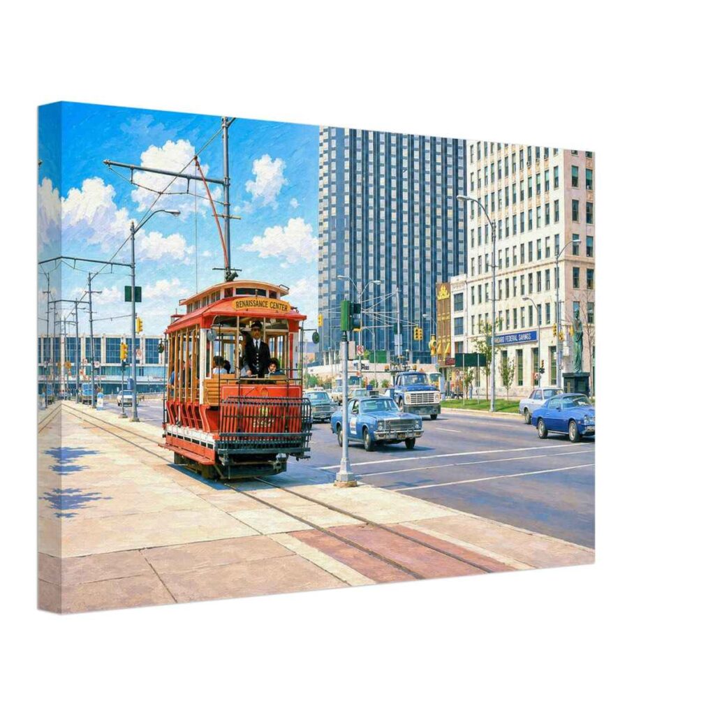 Painterly 1980s view of the Detroit Citizens Railway trolley on Jefferson Avenue, heading toward the Renaissance Center with downtown buildings, traffic and period cars.