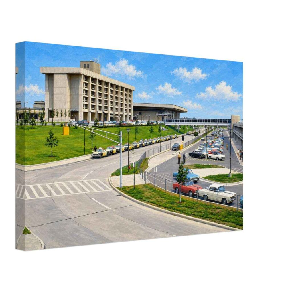 Detroit Metropolitan Wayne County Airport in the 1960s, with the Detroit Metro Airport Inn, Davey Terminal, period cars, taxis and airport roads.
