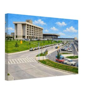 Detroit Metropolitan Wayne County Airport in the 1960s, with the Detroit Metro Airport Inn, Davey Terminal, period cars, taxis and airport roads.