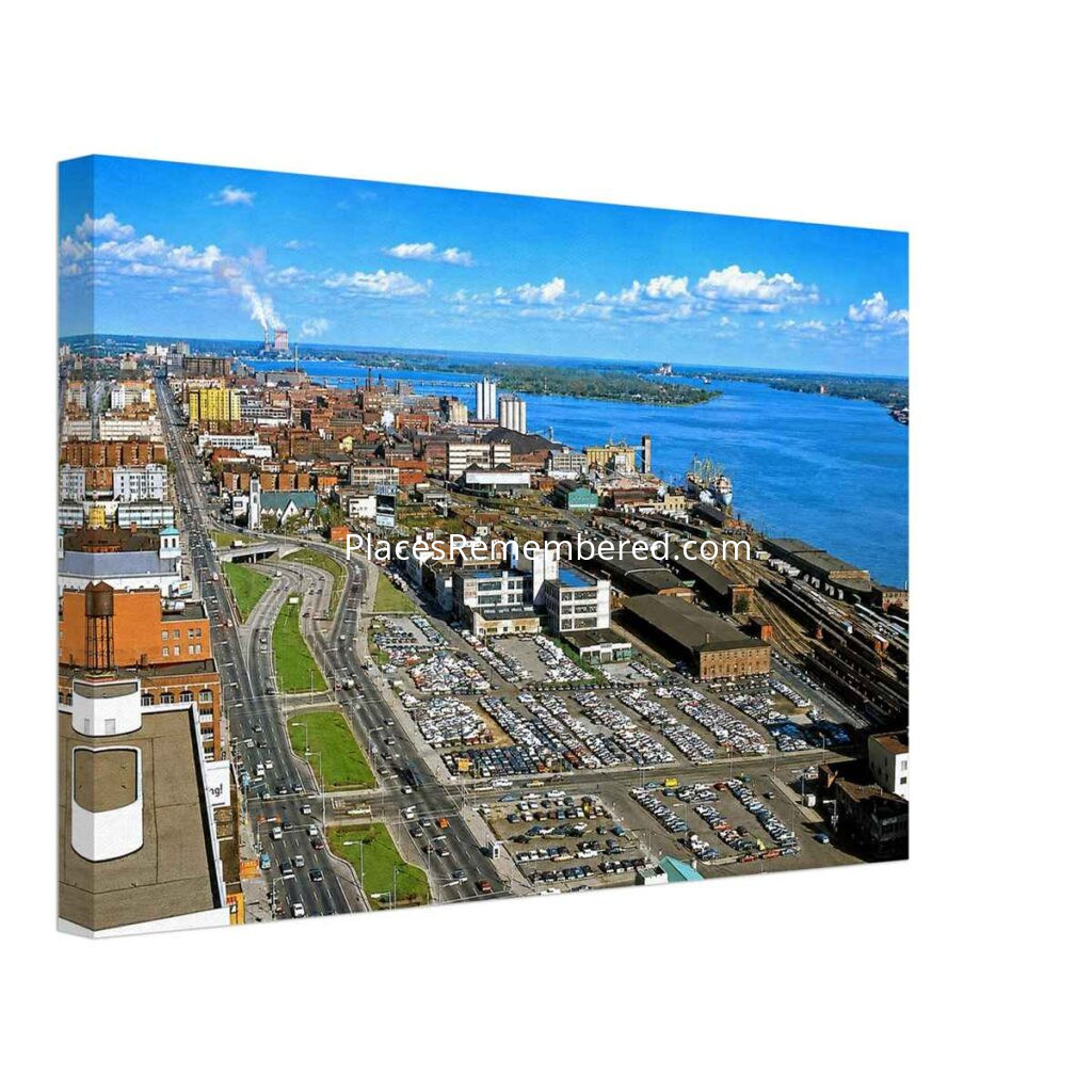 1960s painterly aerial view of Detroit's riverfront from One Woodward Avenue before construction of the Renaissance Center - canvas print.