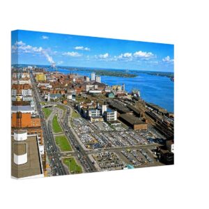 1960s painterly aerial view of Detroit's riverfront from One Woodward Avenue before construction of the Renaissance Center - canvas print.