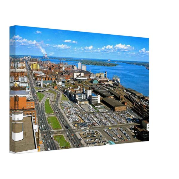Detroit Riverfront, Michigan 1960s - Canvas Print 1960s painterly aerial view of Detroit's riverfront from One Woodward Avenue before construction of the Renaissance Center - canvas print.