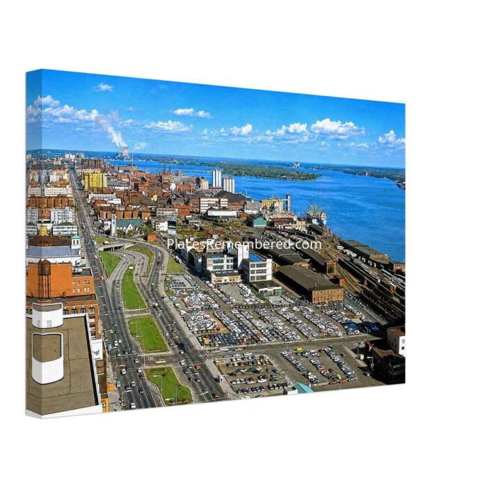 1960s painterly aerial view of Detroit's riverfront from One Woodward Avenue before construction of the Renaissance Center - canvas print.