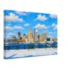 Detroit Riverfront and Boblo Boats 1960s – Canvas Print Painterly 1960s view of the Detroit riverfront from Windsor, with snow, the Detroit River, downtown skyline and Boblo boats along the opposite shore.