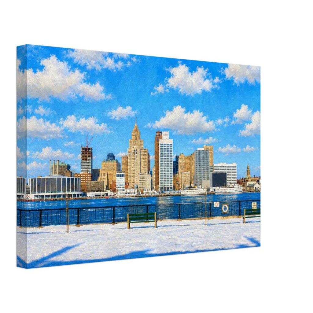 Painterly 1960s view of the Detroit riverfront from Windsor, with snow, the Detroit River, downtown skyline and Boblo boats along the opposite shore.