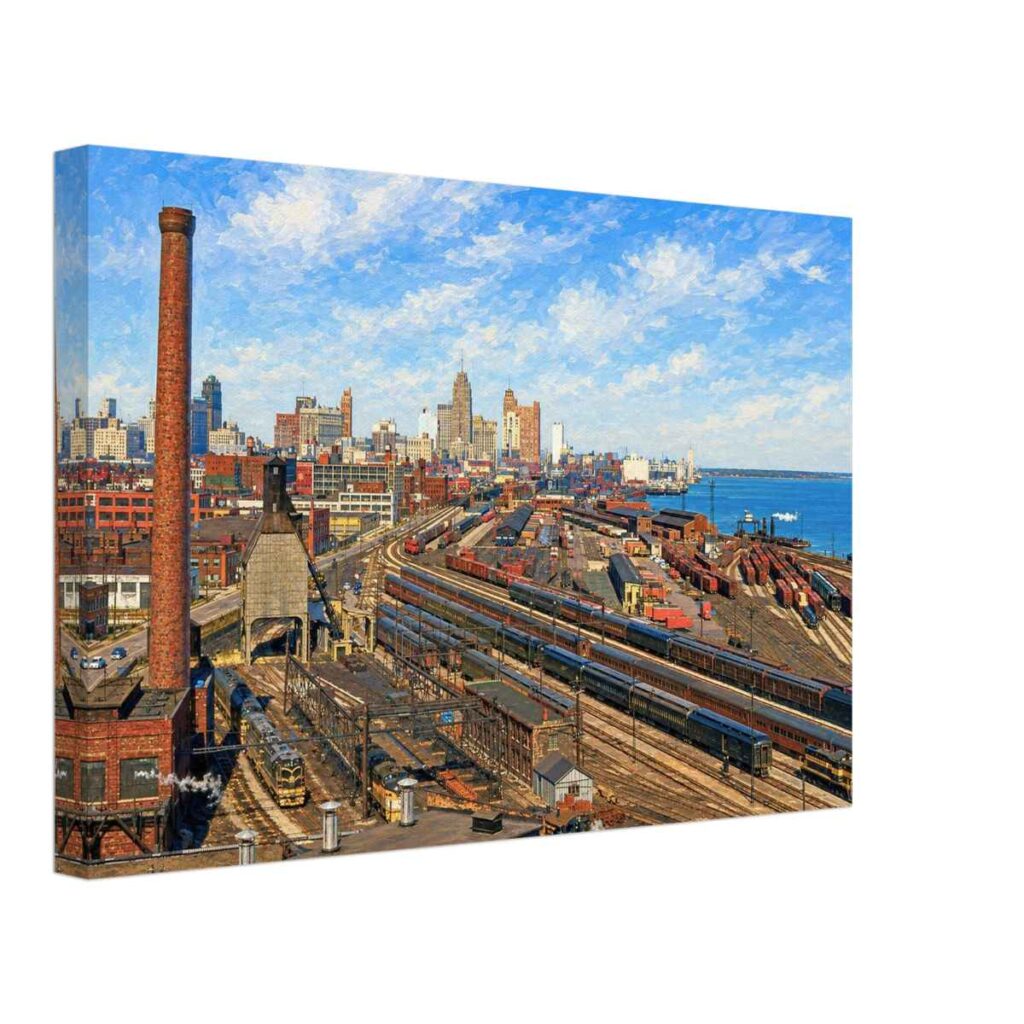 Painterly 1950s view of the Detroit riverfront from the Ambassador Bridge, with railroad yards, freight cars, industrial buildings, downtown skyline and the Detroit River.
