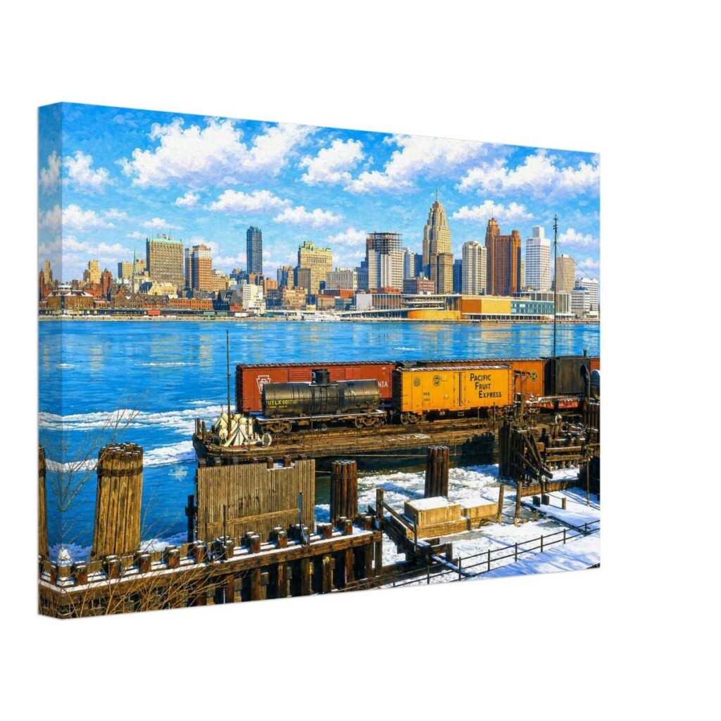 Painterly 1960s view of Detroit from Windsor, with freight cars, snowy riverside tracks, the Detroit River and the downtown skyline across the water.