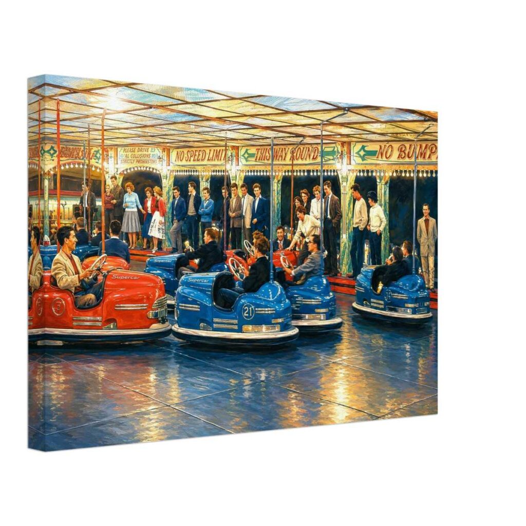 Dodgems at Battersea Park Fun Fair during the Festival of Britain in 1951, with bumper cars, fairground signs and crowds of visitors.