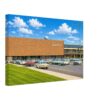 1960s view of Donaldson's department store at Southdale Center in Edina, Minnesota, with classic American cars parked outside, reimagined in a painterly style from a genuine vintage color photograph.