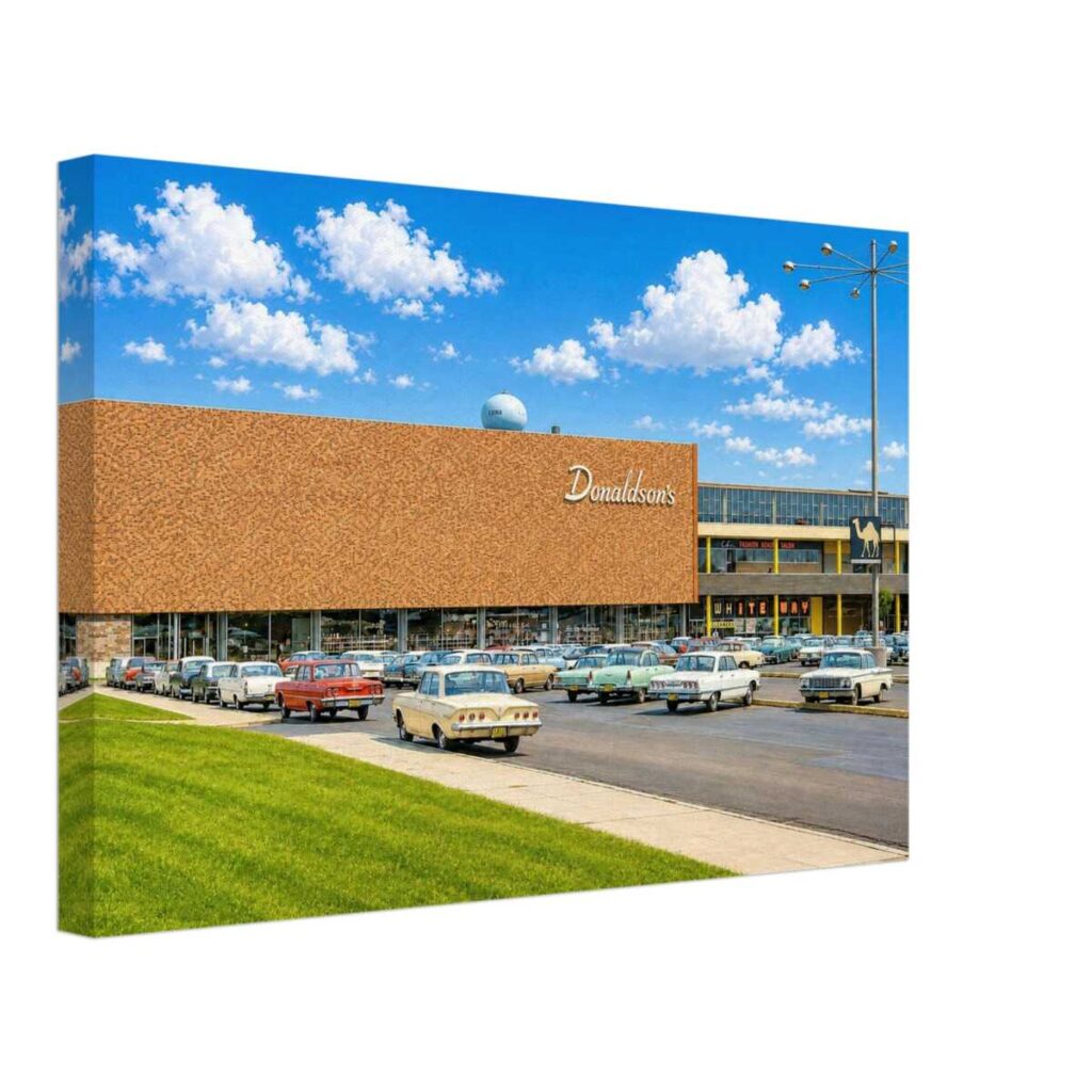 1960s view of Donaldson's department store at Southdale Center in Edina, Minnesota, with classic American cars parked outside, reimagined in a painterly style from a genuine vintage color photograph.