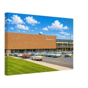 1960s view of Donaldson's department store at Southdale Center in Edina, Minnesota, with classic American cars parked outside, reimagined in a painterly style from a genuine vintage color photograph.