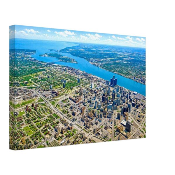 Downtown Detroit Aerial View 1980s – Canvas Print Painterly early 1980s aerial view of downtown Detroit, with the Renaissance Center, Detroit River, city streets, waterfront buildings and surrounding neighborhoods.