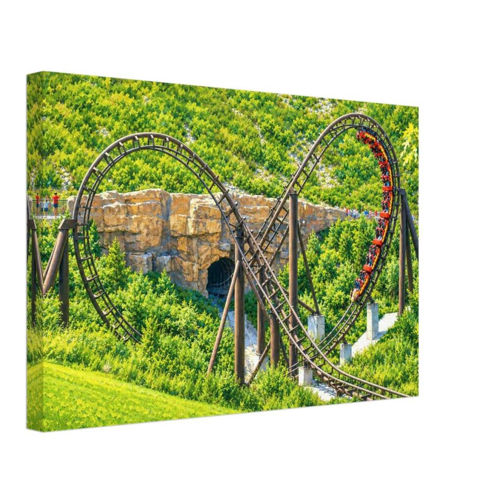 Painterly 1980s view of Dragon Mountain at Marineland in Niagara Falls, Ontario, showing the rare bowtie roller coaster element, red train, rocky tunnel entrance and green landscaping.