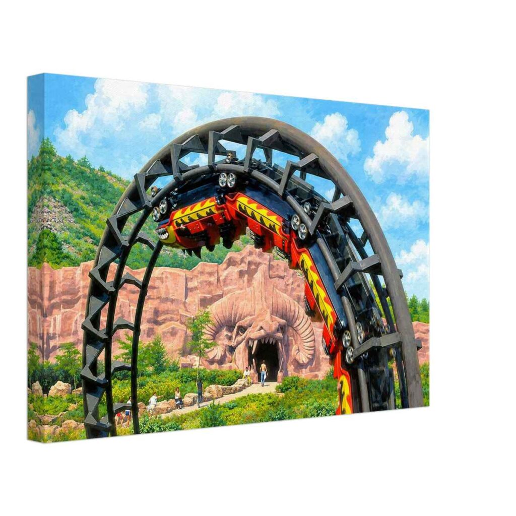 Painterly 1980s view of Dragon Mountain roller coaster at Marineland near Niagara Falls, with a train in a loop and the dragon-themed station entrance behind it.