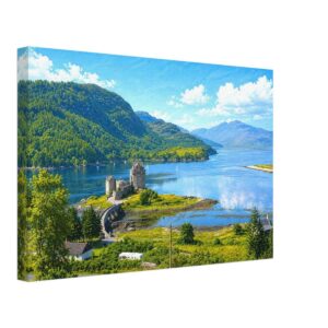 Painterly 1970s view of Eilean Donan Castle on Loch Duich, Scotland, with blue water, green Highland hills, rocky shoreline and distant mountains.