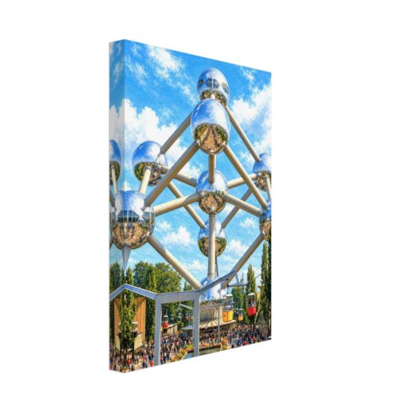 Painterly 1950s Brussels World’s Fair scene showing the Atomium, colorful chairlift cabins, crowds, trees and blue sky.