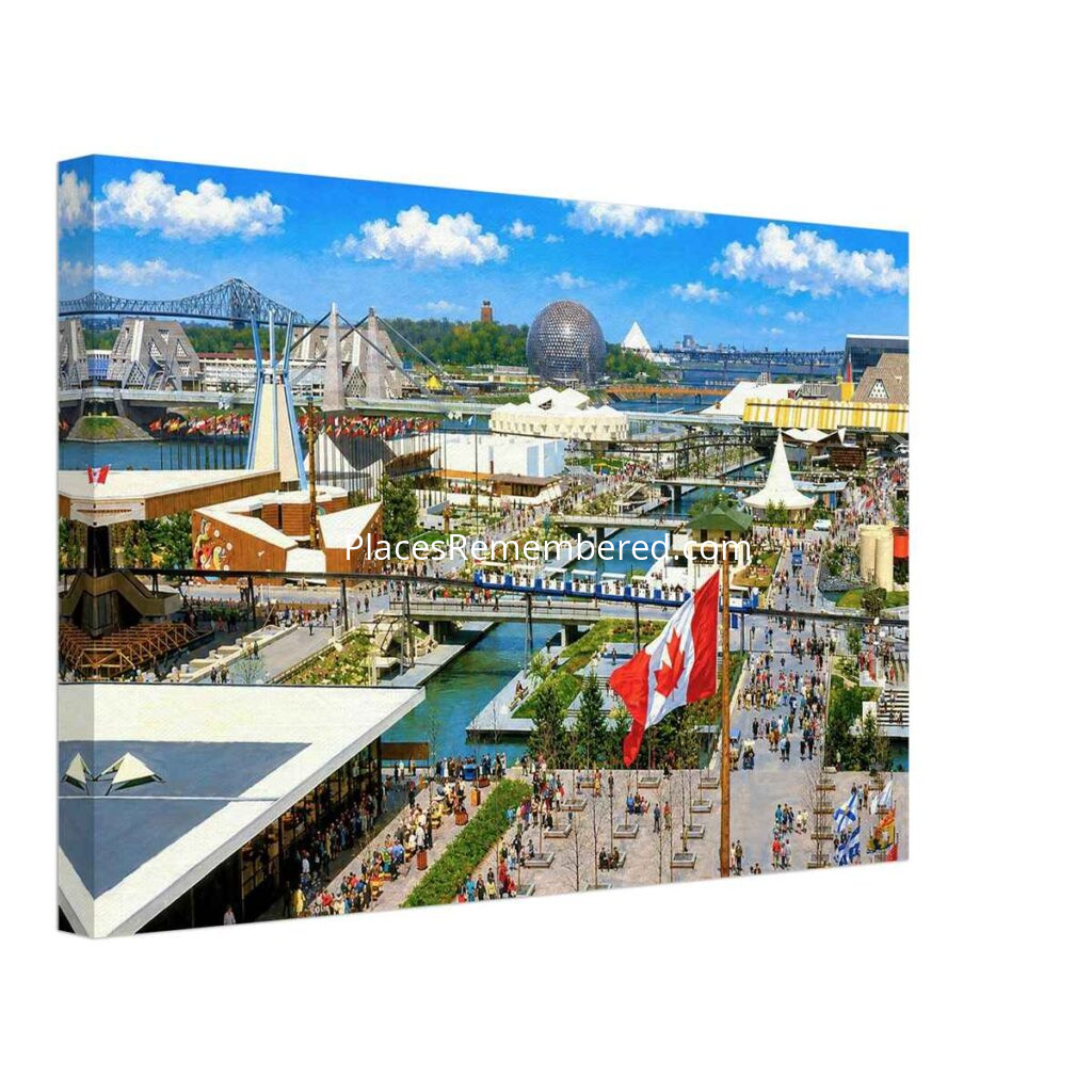 1960s painterly panoramic view of Expo 67 in Montreal featuring the Biosphère, monorail and international pavilions - canvas print.