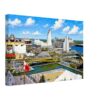 Expo 67 Pavilions, Montreal, Canada 1960s – Canvas Print Painterly 1960s view of Expo 67 in Montreal, with the British Pavilion, United States geodesic dome, French and Quebec pavilions, crowds and flags.