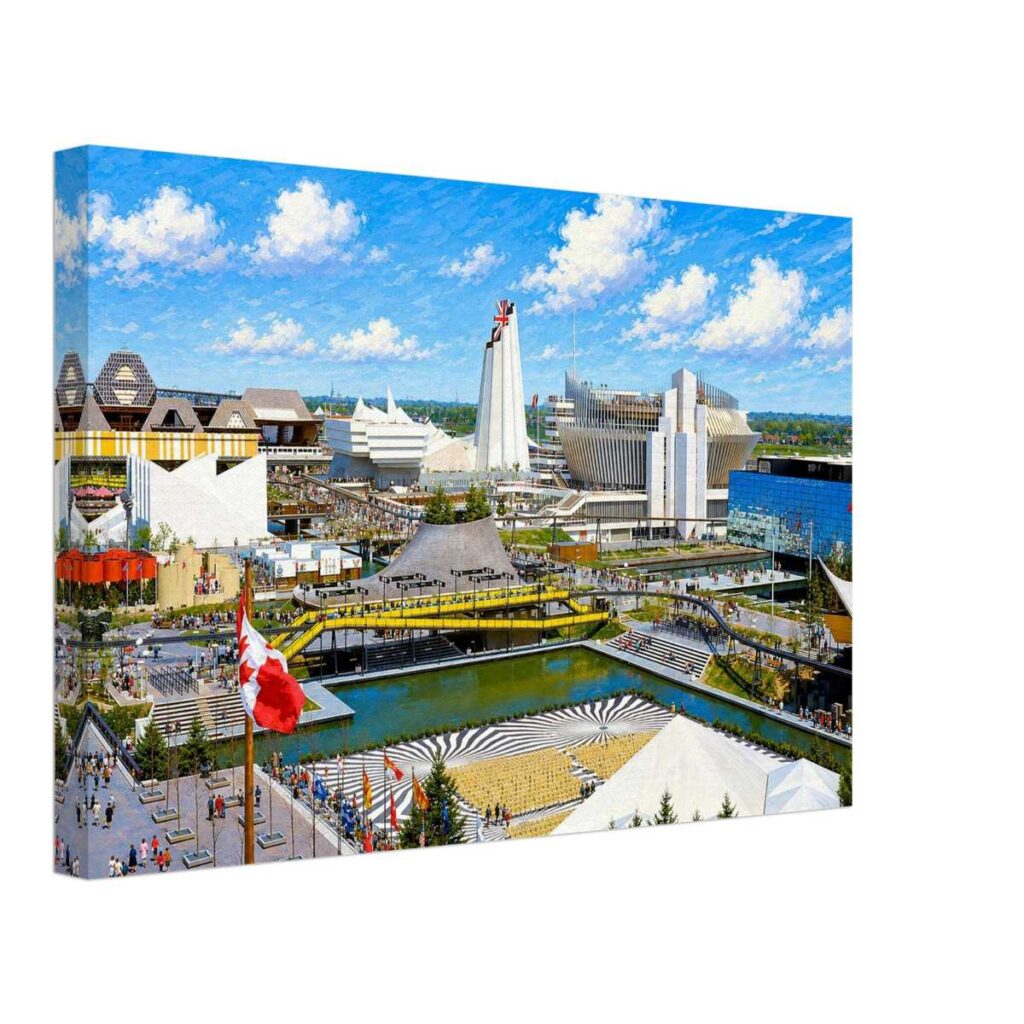 Painterly 1960s view of Expo 67 in Montreal, with the British Pavilion, United States geodesic dome, French and Quebec pavilions, crowds and flags.