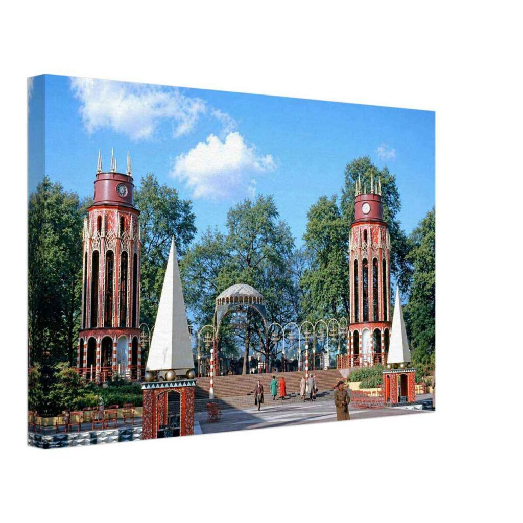 Entrance towers of the Festival Pleasure Gardens in Battersea Park during the Festival of Britain, London 1951 - Canvas Print