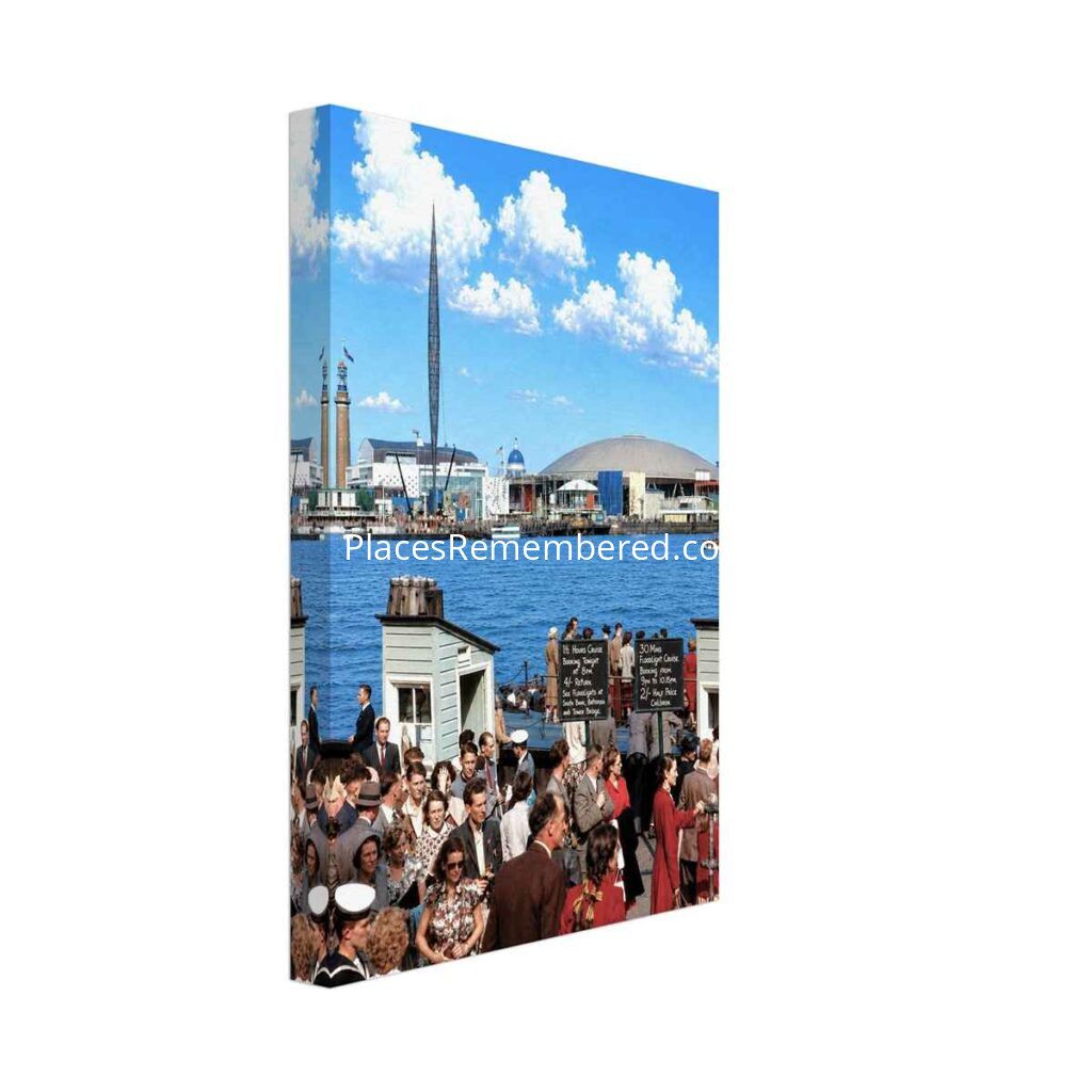1950s photographic view across the River Thames to the Festival of Britain on London's South Bank, showing the Skylon, Dome of Discovery and riverside crowds - canvas print.