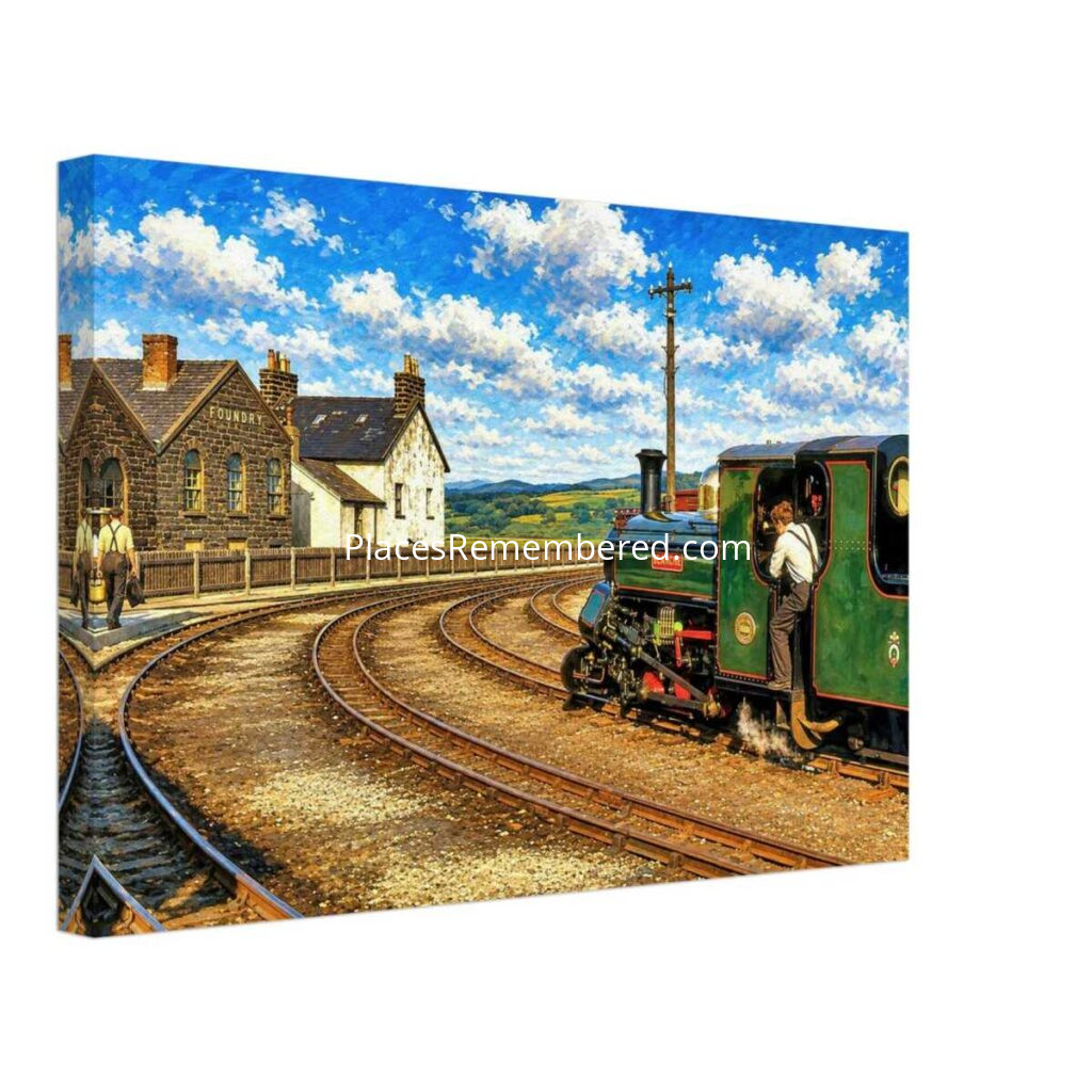 1970s view of the Ffestiniog Railway Harbour Station in Porthmadog, Wales, with steam locomotive Blanche and the Britannia Foundry before its demolition, reimagined in a painterly style from a genuine vintage color photograph.