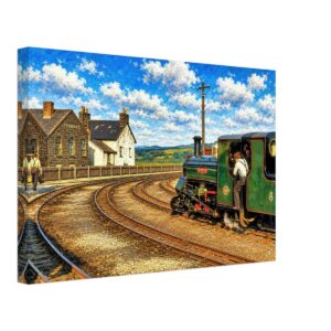 1970s view of the Ffestiniog Railway Harbour Station in Porthmadog, Wales, with steam locomotive Blanche and the Britannia Foundry before its demolition, reimagined in a painterly style from a genuine vintage color photograph.