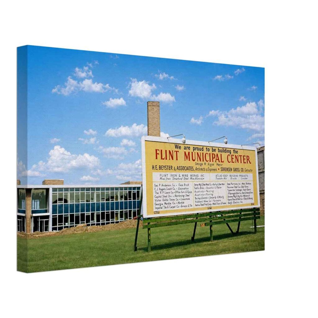 Construction sign for the Flint Municipal Center with new civic buildings under construction in Flint, Michigan 1959 - Canvas Print