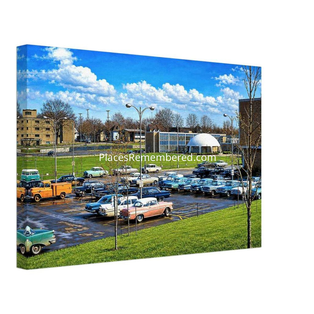 Painterly 1960s view of the Municipal Center in Flint, Michigan, with period cars in a parking lot, civic buildings, lawns and a domed modernist structure.