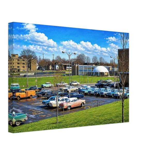 Painterly 1960s view of the Municipal Center in Flint, Michigan, with period cars in a parking lot, civic buildings, lawns and a domed modernist structure.