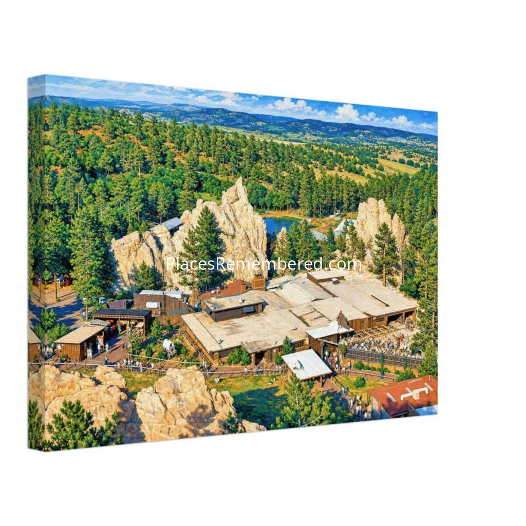 1970s aerial view of the Flying W Ranch in Colorado Springs, Colorado, surrounded by dramatic sandstone rock formations and pine forest, reimagined in a painterly style from a genuine vintage color photograph.