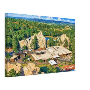 Flying W Ranch, Colorado Springs, Colorado 1970s - Canvas Print 1970s aerial view of the Flying W Ranch in Colorado Springs, Colorado, surrounded by dramatic sandstone rock formations and pine forest, reimagined in a painterly style from a genuine vintage color photograph.