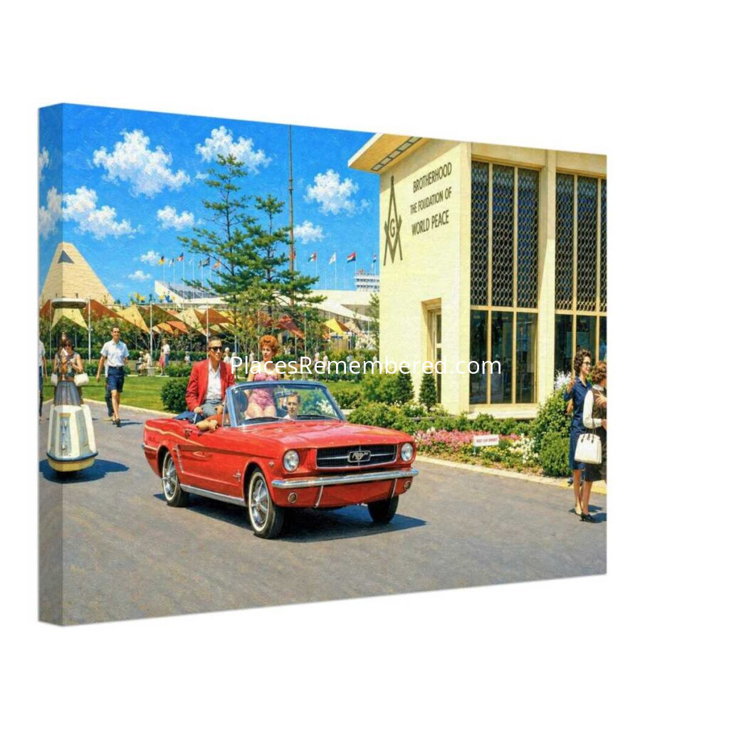 1960s view of a red Ford Mustang convertible driving past the Masonic Pavilion at the 1964 New York World's Fair, surrounded by colorful gardens, fairgoers, and international flags, reimagined in a painterly style from a genuine vintage color photograph.