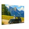 Ford Popular at the Mythen Mountains, Switzerland 1960s - Canvas Print Painterly 1960s alpine scene showing a black Ford Popular with British plates below the Mythen mountains in Switzerland, with children, grassy hillside and rocky peaks.