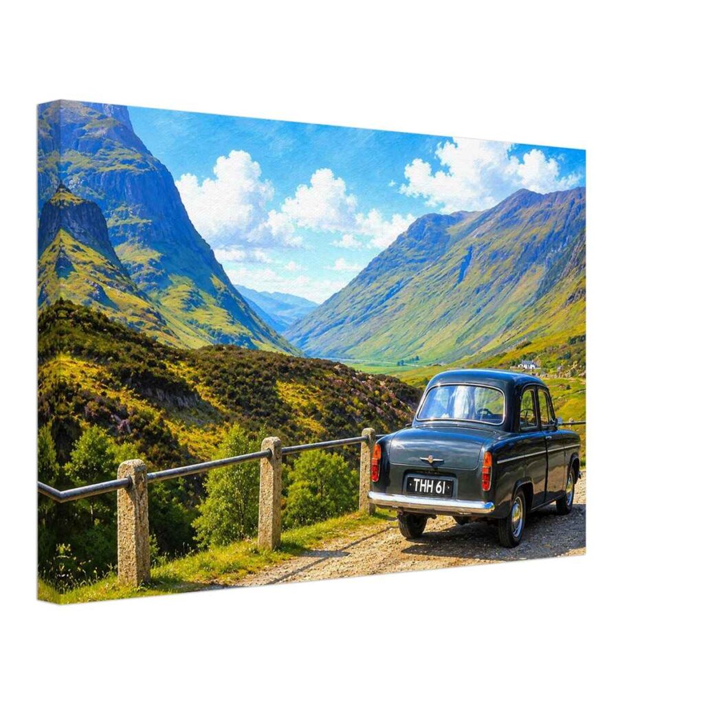 1960s painterly view of a Ford Popular overlooking Glencoe in the Scottish Highlands, Argyll, Scotland - canvas print.