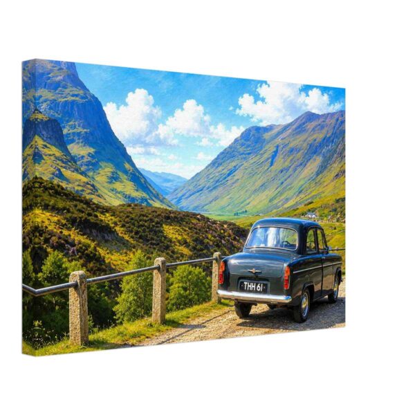 Ford Popular in Glencoe, Scotland 1960s - Canvas Print 1960s painterly view of a Ford Popular overlooking Glencoe in the Scottish Highlands, Argyll, Scotland - canvas print.