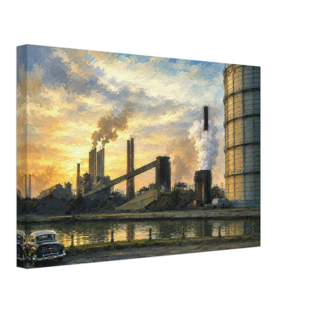 Painterly 1950s view of the Ford Rouge Factory near Detroit, with smokestacks, steam, industrial buildings, water reflections and a period car at sunset.