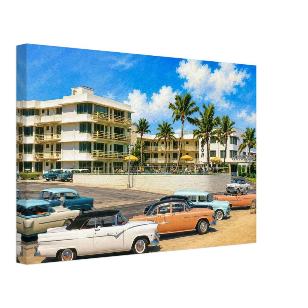 Painterly 1950s view of Fort Lauderdale, Florida, outside the Horizon Apartment Hotel with palm trees, balconies, poolside umbrellas and classic cars.