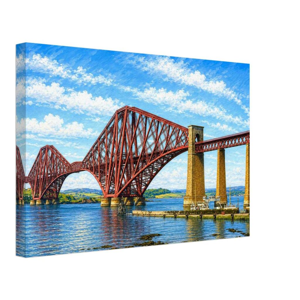 Painterly 1960s view of the Forth Bridge in Scotland, with red steel railway spans, stone piers, blue water and open sky.