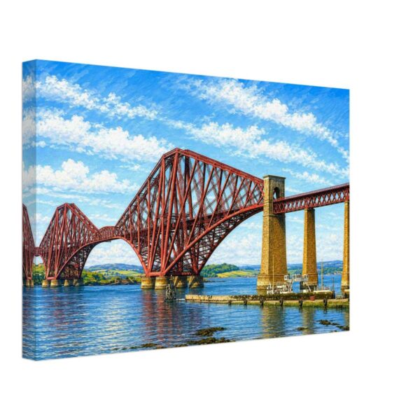 Forth Bridge, Scotland 1960s – Canvas Print Painterly 1960s view of the Forth Bridge in Scotland, with red steel railway spans, stone piers, blue water and open sky.