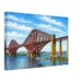 Painterly 1960s view of the Forth Bridge in Scotland, with red steel railway spans, stone piers, blue water and open sky.