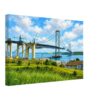 Forth Road Bridge Under Construction, Scotland 1960s - Canvas Print Painterly 1960s view of the Forth Road Bridge under construction in Scotland, with cranes, suspension cables, blue water, green landscape and shoreline buildings.