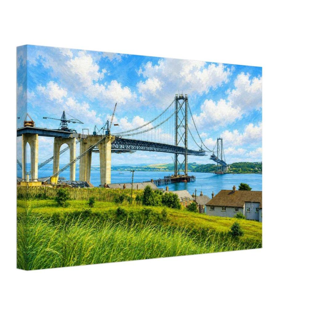 Painterly 1960s view of the Forth Road Bridge under construction in Scotland, with cranes, suspension cables, blue water, green landscape and shoreline buildings.