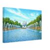 Fountains of the Fairs, New York World’s Fair 1964 – Canvas Print 1960s view of the Fountains of the Fair at the New York World's Fair, with the Unisphere framed by colorful fountains and the Sky Ride crossing overhead, reimagined in a painterly style from a genuine vintage color photograph.