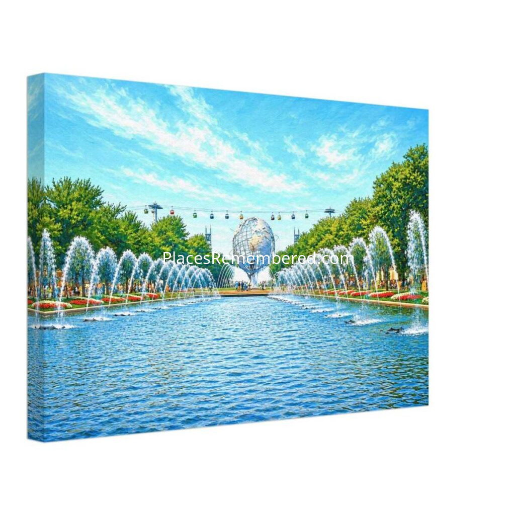 1960s view of the Fountains of the Fair at the New York World's Fair, with the Unisphere framed by colorful fountains and the Sky Ride crossing overhead, reimagined in a painterly style from a genuine vintage color photograph.