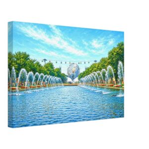 1960s view of the Fountains of the Fair at the New York World's Fair, with the Unisphere framed by colorful fountains and the Sky Ride crossing overhead, reimagined in a painterly style from a genuine vintage color photograph.