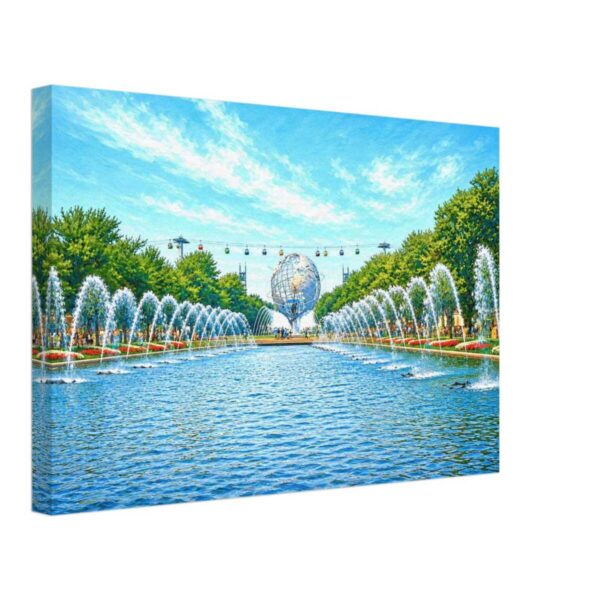 Fountains of the Fairs, New York World’s Fair 1964 – Canvas Print 1960s view of the Fountains of the Fair at the New York World's Fair, with the Unisphere framed by colorful fountains and the Sky Ride crossing overhead, reimagined in a painterly style from a genuine vintage color photograph.
